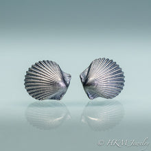 Load image into Gallery viewer, detail close up of small scallop shell stud earrings in oxidized sterling silver by hkm jewelry
