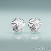 Load image into Gallery viewer, front view of small scallop shell studs in polished sterling silver by hkm jewelry
