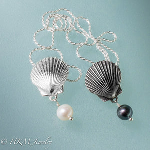 side by side comparison of the scallop pearl necklace in oxidized and polished silver finish with black or white pearl drop by hkm jewelry