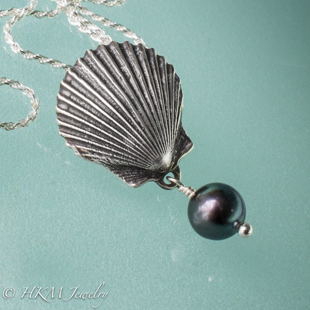 the scallop pearl necklace in oxidized finish with black pearl drop by hkm jewelry