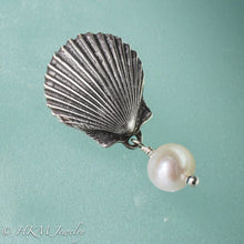 Load image into Gallery viewer, the scallop pearl pendant in oxidized finish with white freshwater pearl drop by hkm jewelry
