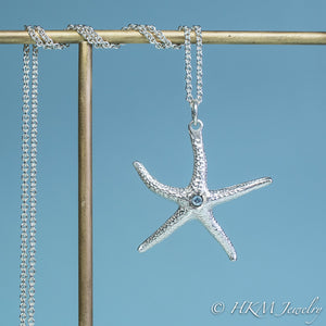 silver starfish necklace with Aquamarine gemstone March birthstone by HKM Jewelry
