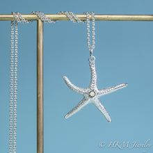 Load image into Gallery viewer, silver starfish necklace with opal gemstone October birthstone by HKM Jewelry
