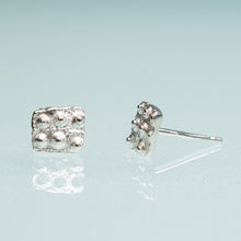 Load image into Gallery viewer, mini urchin square studs close up front and side view in sterling silver by hkm jewelry
