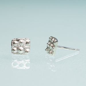 mini urchin square studs close up front and side view in sterling silver by hkm jewelry