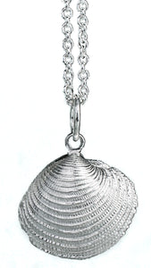 silver cast venus clam shell necklaces in polished finish by hkm jewelry